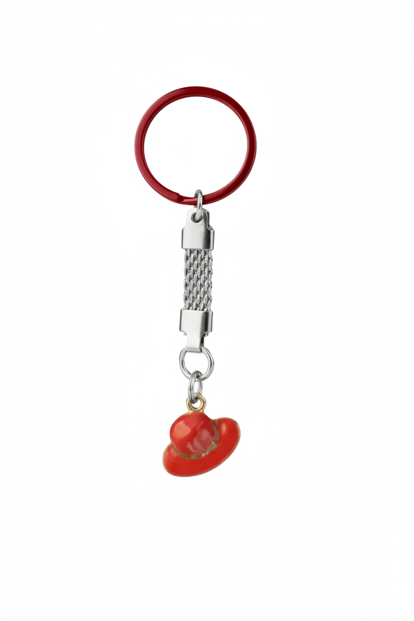 Red Enamel Hat Handmade Silver Plated Charm Keychain on a white backround.