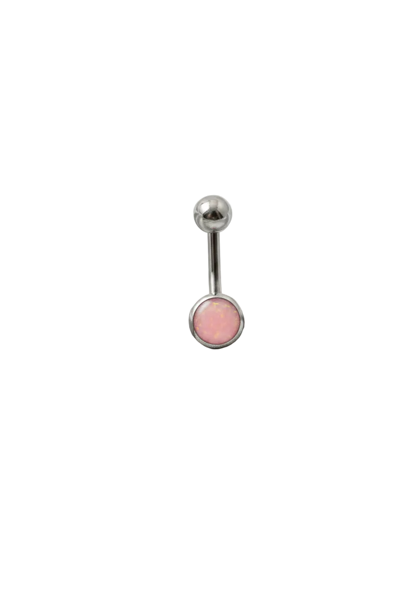 Pink Opal Belly Button Ring in 316l stainless steel on a white background.