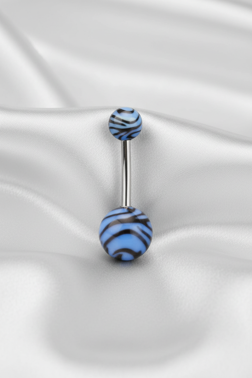 Blue Tiger Striped acrylic belly button ring in 316l stainless steel