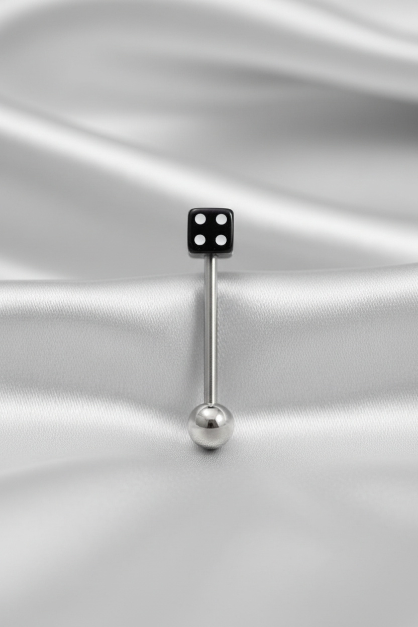 Black Dice acrylic tongue barbell in 316l stainless steel
