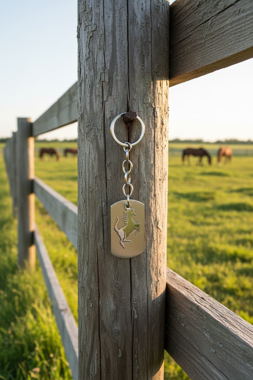 Galloping Horse Handmade 316L Stainless Steel Charm Keychain hanging on a fencepost at a ranch with grazing horses on the background.