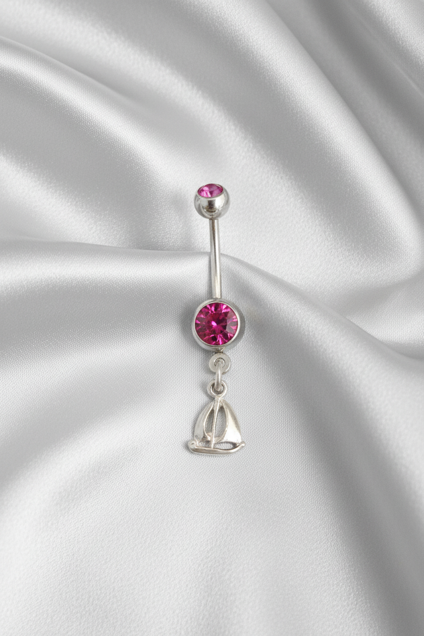 Pink Crystal Sterling Silver Sailboat Belly Button Ring in 316l stainless steel.