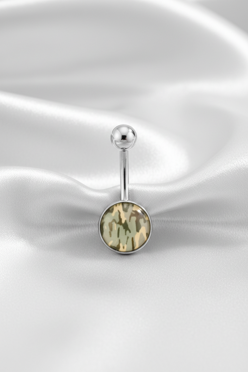 Grey Camouflage Belly Button Ring in 316l stainless steel on silver silk fabric.