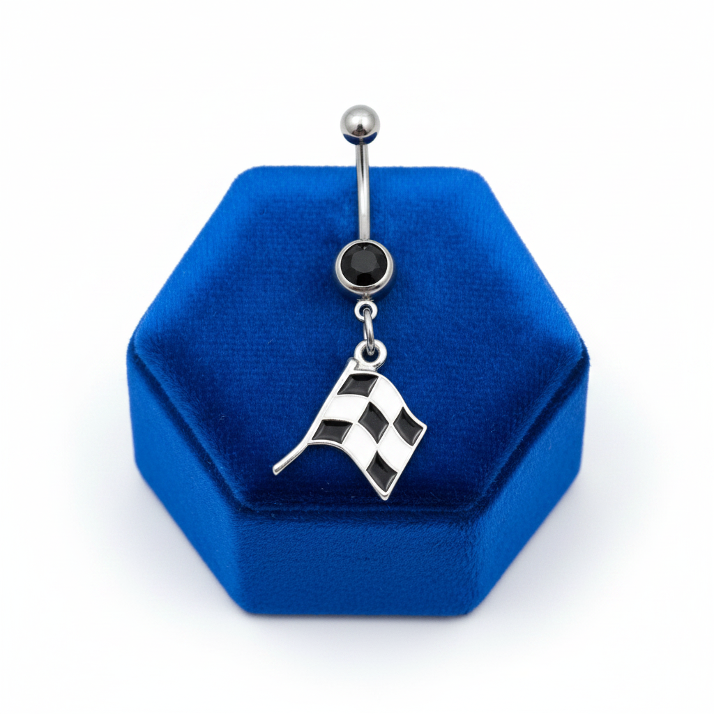 Black Crystal Race Flag Belly Button Ring in 316l stainless steel on a blue velvet jewelry display.