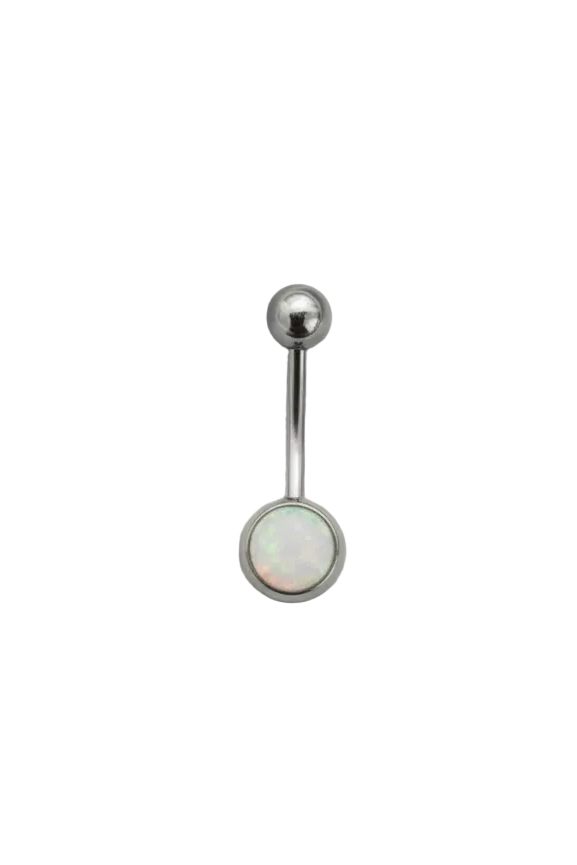 White Opal belly button ring in 316l stainless steel