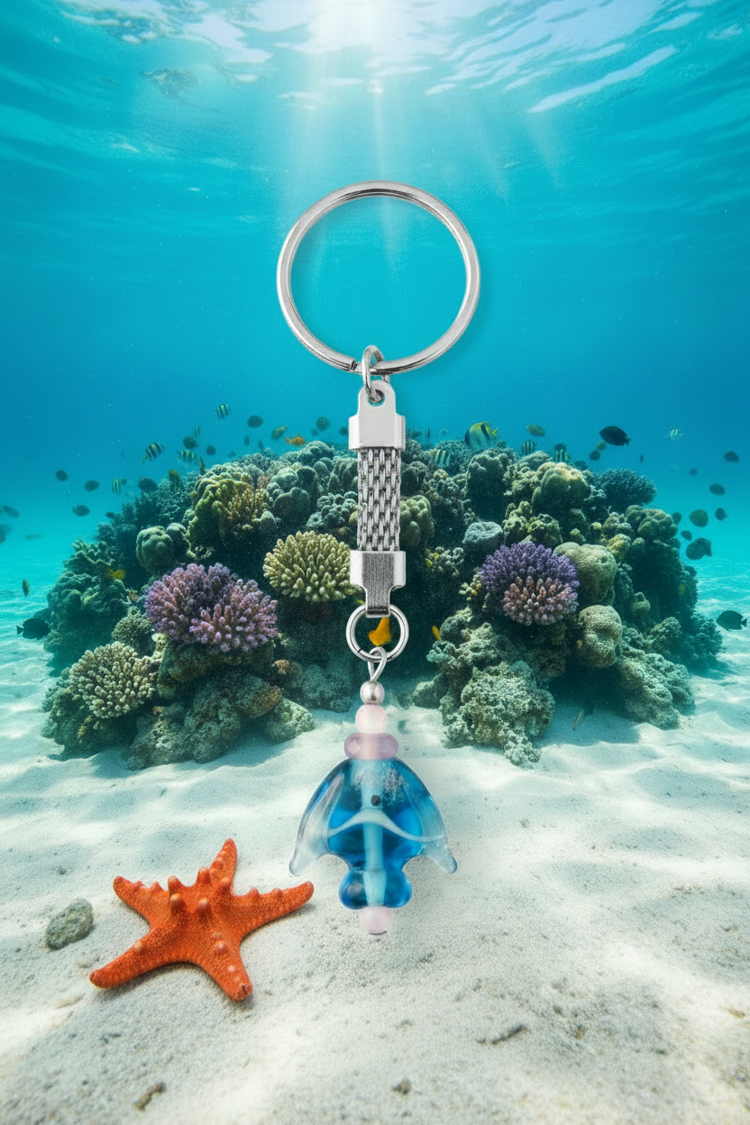 Aqua Glass Fish Handmade Steel Plated Keychain in a tropical ocean setting with a starfish.