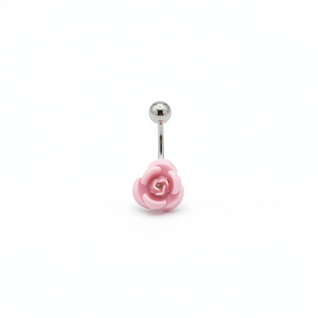 Pink Rose Curved Barbell Belly Button Ring in 316l stainless steel on a white background.