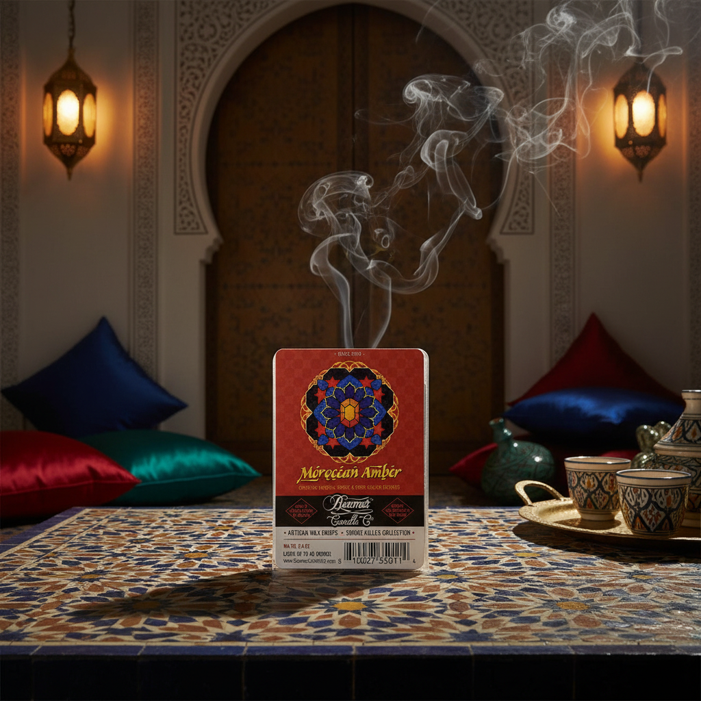 Beamer Smoke Eater Moroccan Amber Scented Soy Wax Melt in a Moroccan setting.