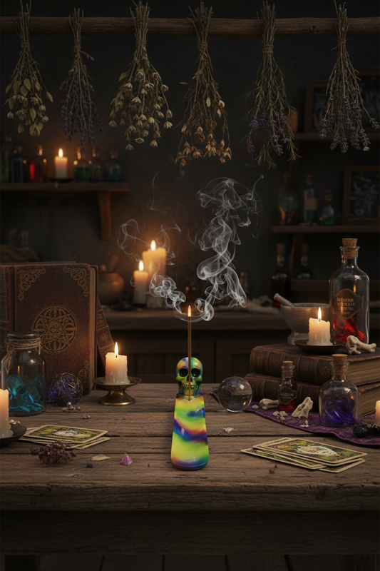 Rainbow Skull Resin Incense Holder - Free Incense on the counter in a mystic kitchen with incense burning and smoke rising.
