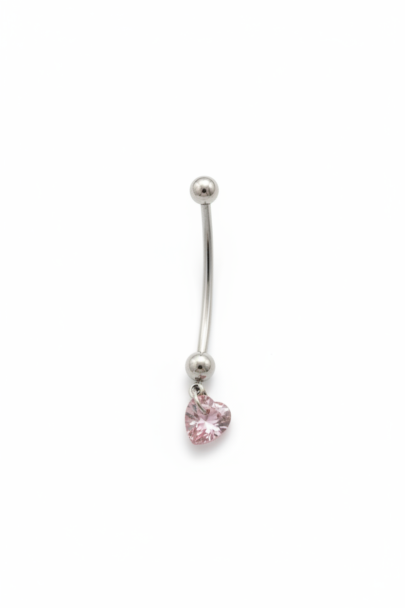 Pink Crystal Heart Acrylic Pregnancy Belly Button Ring in 316l stainless steel close up detail.