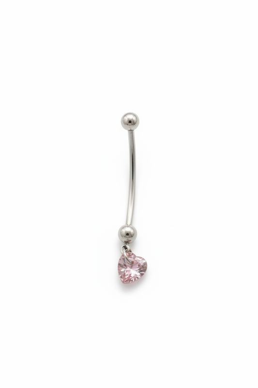 Pink Crystal Heart Acrylic Pregnancy Belly Button Ring in 316l stainless steel close up detail.