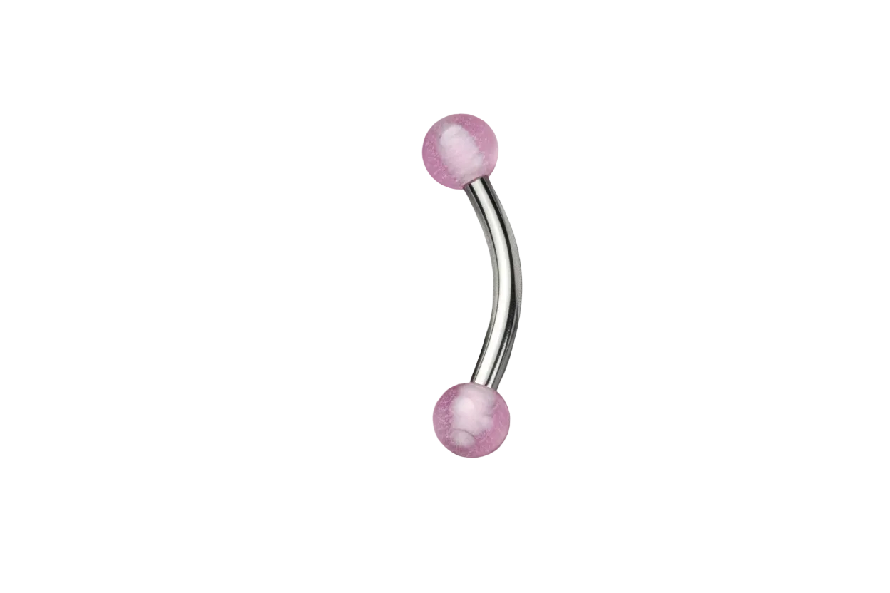 Purple Glow Ball Acrylic Eyebrow Ring in 316l stainless steel close up detail.