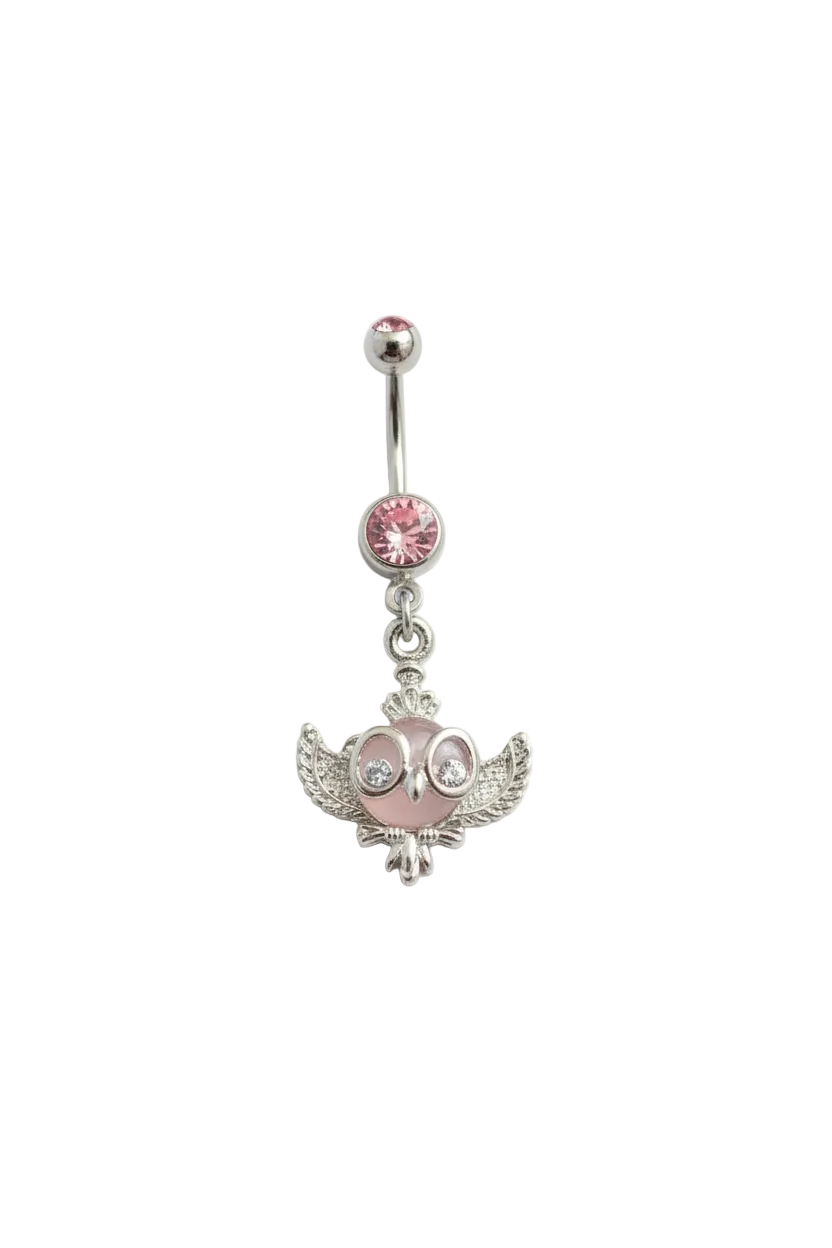 Pink Crystal Owl Belly Button Ring in 316l stainless steel close up detail.