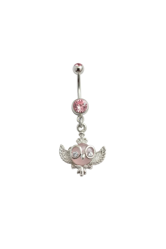 Pink Crystal Owl Belly Button Ring in 316l stainless steel close up detail.