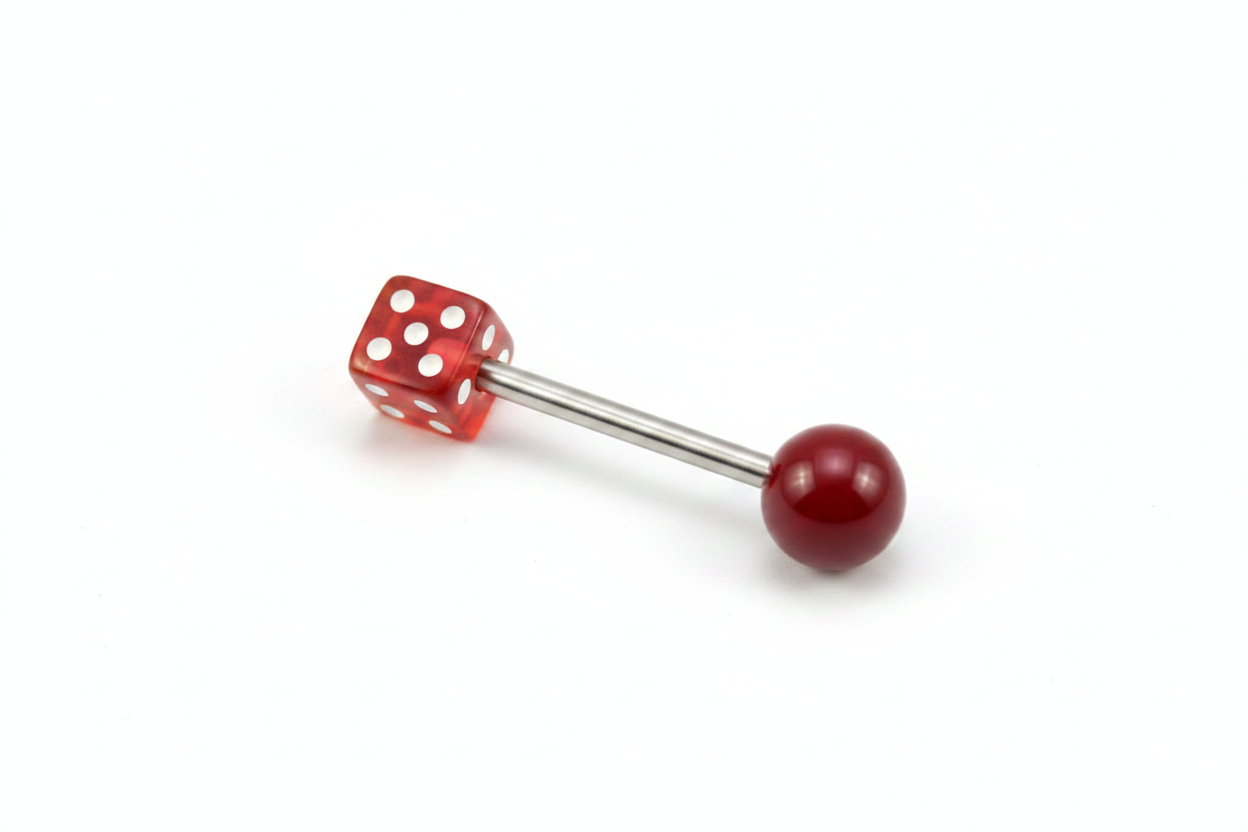 Red Dice tongue barbell in 316L stainless steel.
