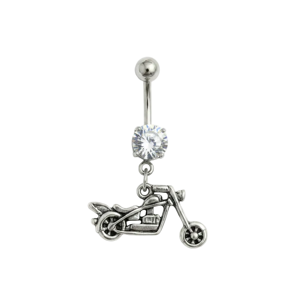 Clear Crystal Motorcycle Belly Button Ring in 316l stainless steel close up detail.