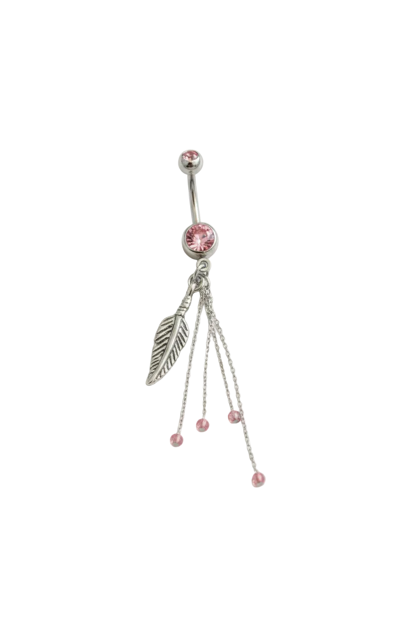 Pink Crystal Feather Chain Belly Button Ring in 316l stainless steel close up detail.
