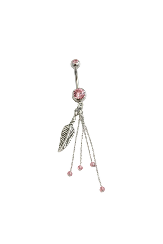 Pink Crystal Feather Chain Belly Button Ring in 316l stainless steel close up detail.