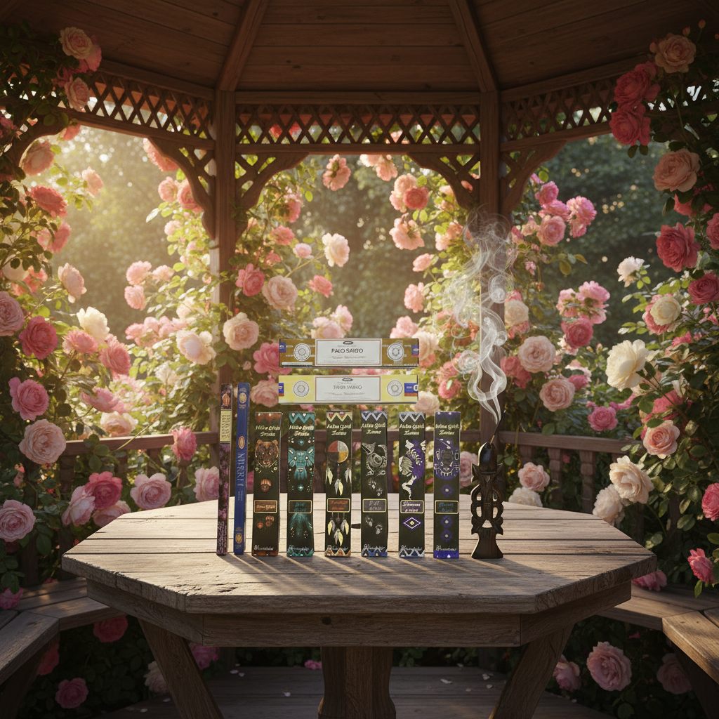 Great Spirit Incense Variety Gift Packages on a wooden table in a rose garden gazebo with incense burning and smoke rising.