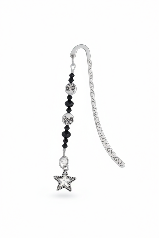 Sun, Moon & Star Handmade Beaded Pewter Bookmark - One of a Kind on a white background showing charm detail.