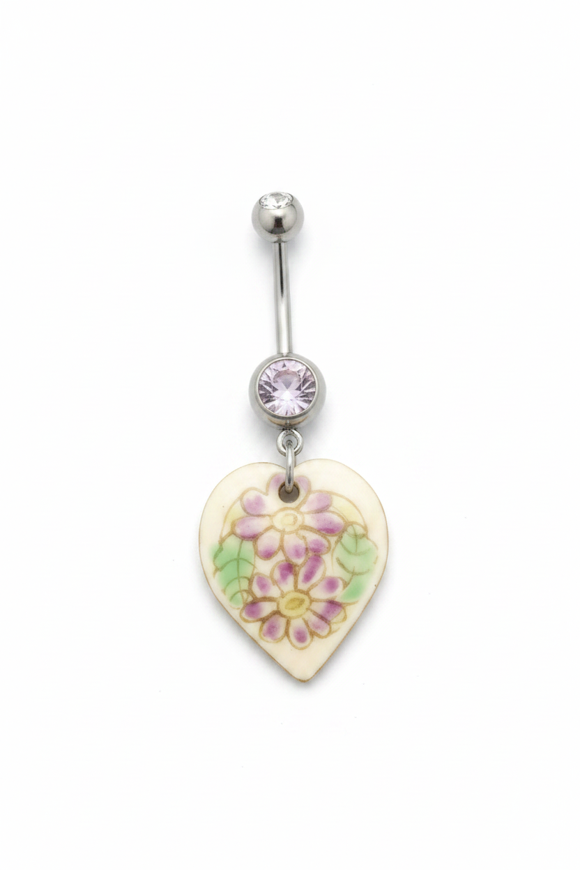 Purple Crystal Floral Heart Belly Button Ring in 316l stainless steel close up detail.