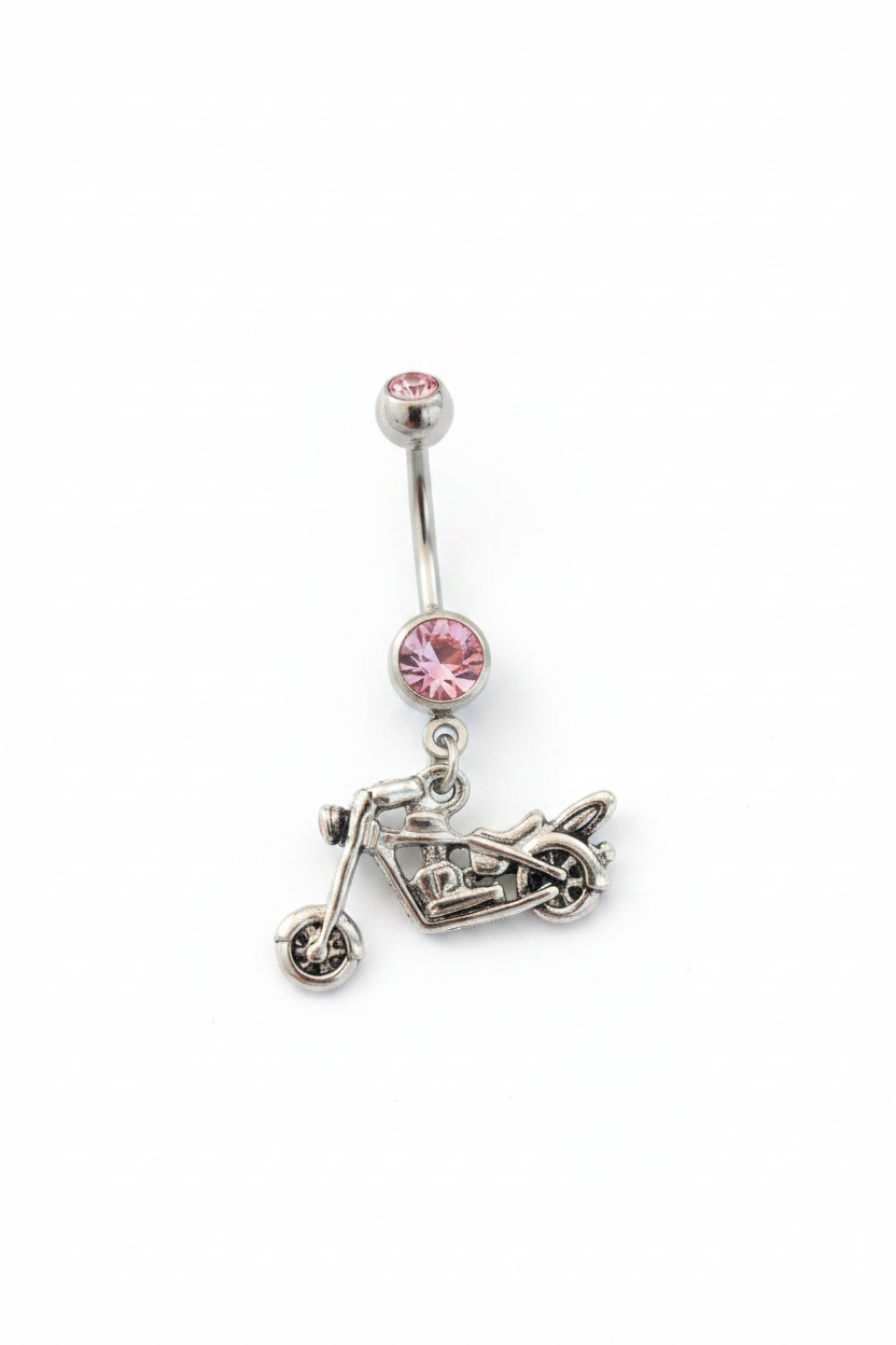 Pink Crystal Motorcycle Belly Button Ring in 316l stainless steel close up detail.