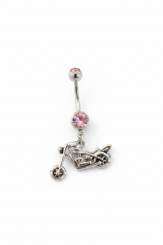 Pink Crystal Motorcycle Belly Button Ring in 316l stainless steel close up detail.