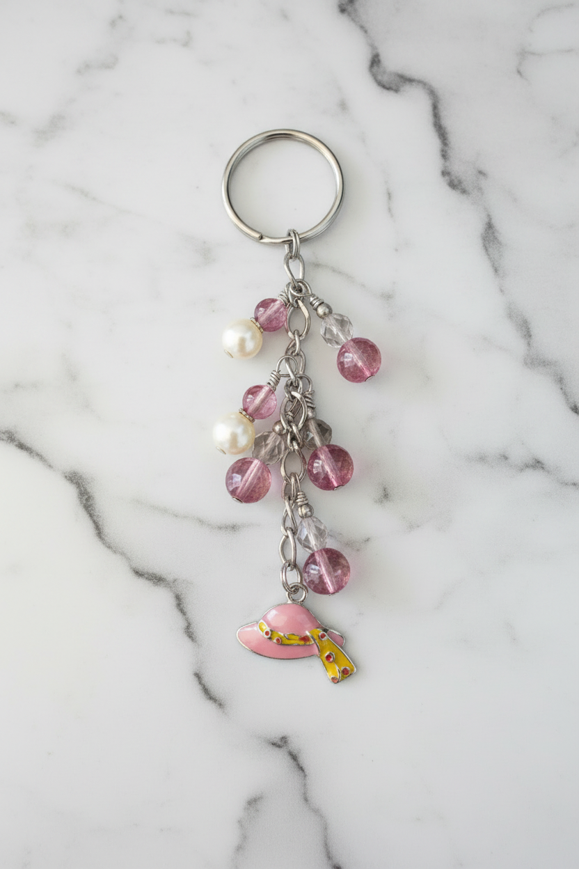 Little Pink Enamel Hat Handmade Beaded Keychain on a white marble surface.