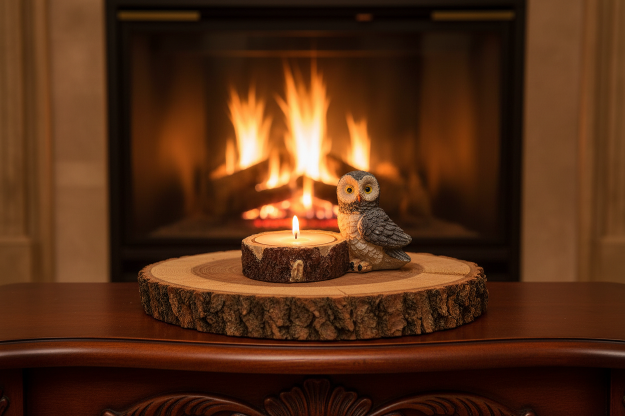 Gray Owl Wooden Stump Resin Tea Light Candle Holder placed on a cross section of a large tree siting on a mahogany table in front of a fireplace with a burning fire and the candle lit showing a warm glow