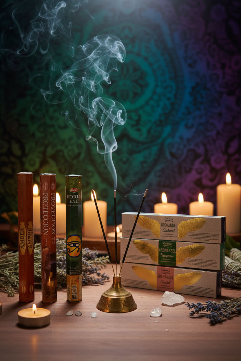 Angelic Protection Incense Variety Gift Package burning in a mystic setting with smoke rising.