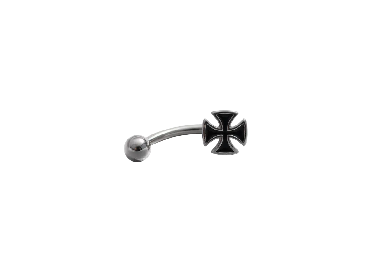 Black Maltese Cross Eyebrow Ring in 316l stainless steel close up detail.