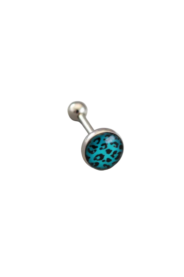 Close up of a Blue Leopard Print tongue barbell in 316l stainless steel detail.