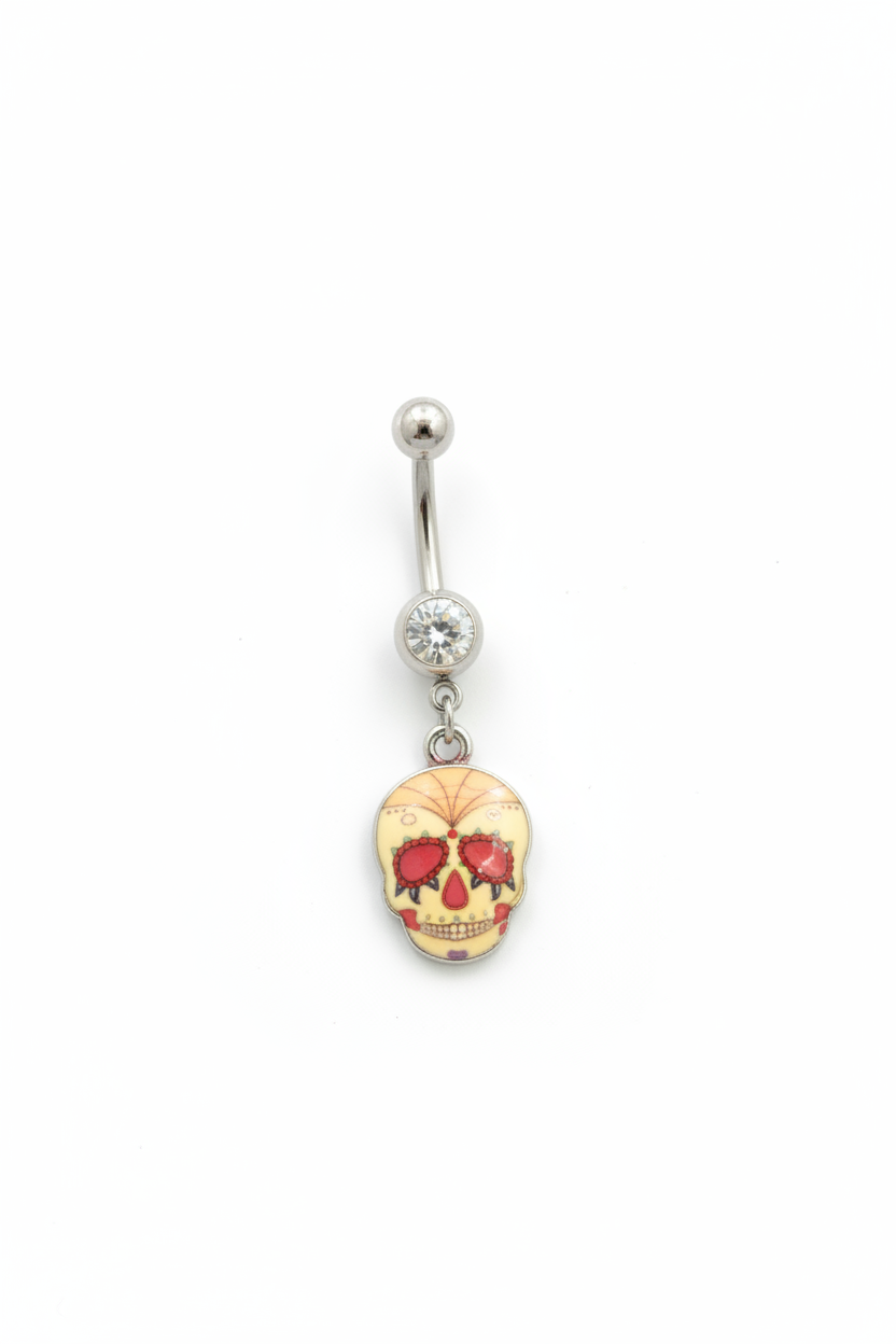 Clear Crystal Spider Web Sugar Skull Belly Button Ring - 316L Stainless Steel