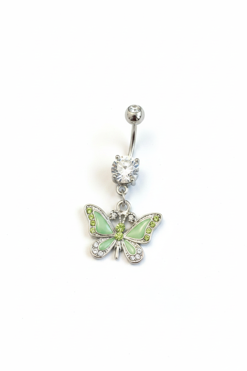 Green Enamel Butterfly Belly Button Ring in 316l stainless steel close up detail.