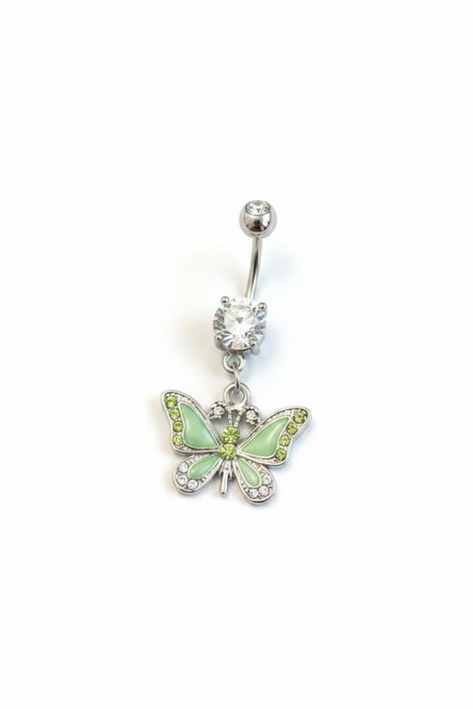 Green Enamel Butterfly Belly Button Ring in 316l stainless steel close up detail.