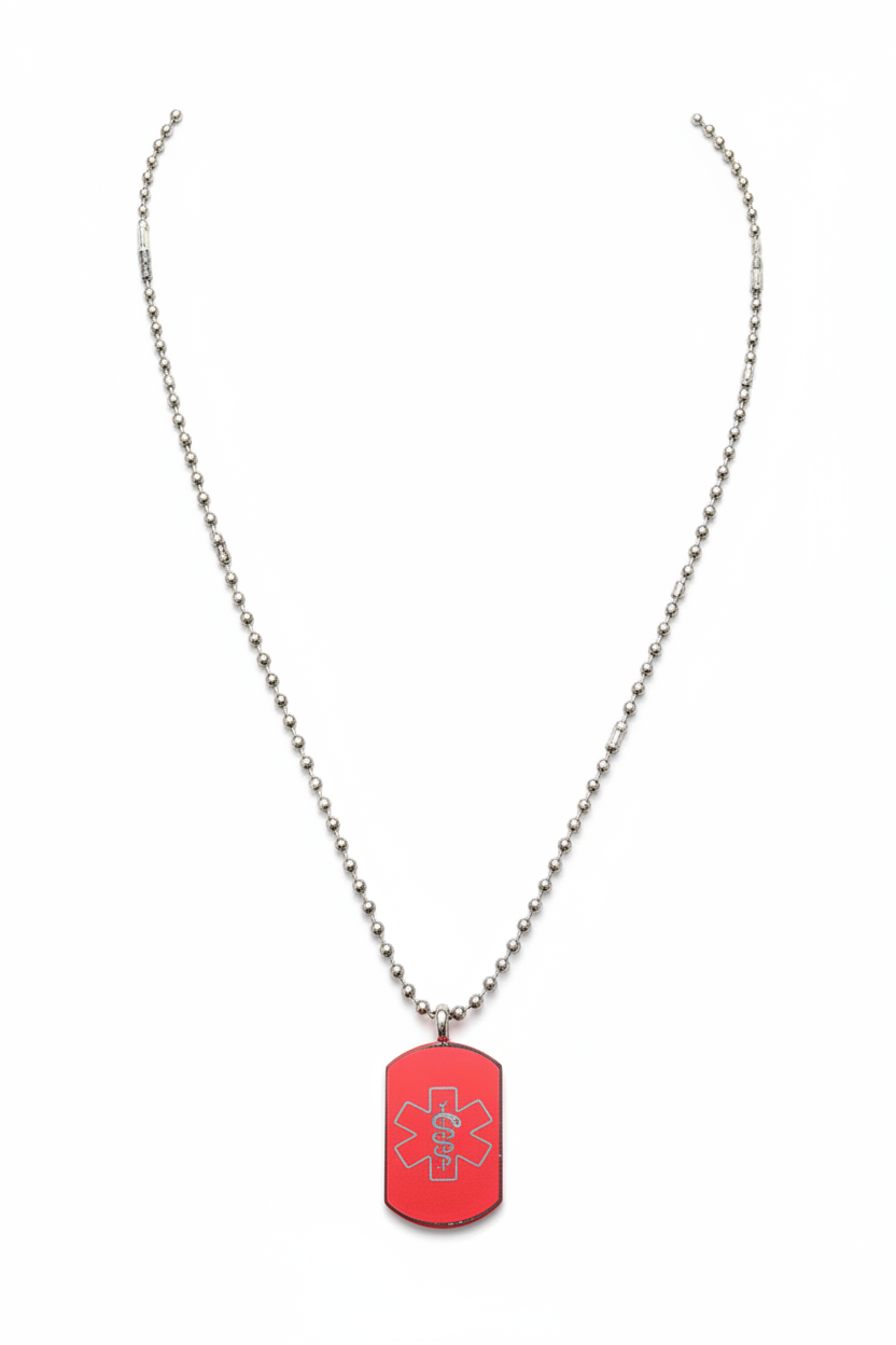 Medic Alert Engravable Pendant Steel Chain Necklace in 316l stainless steel on a white background in close up detail.