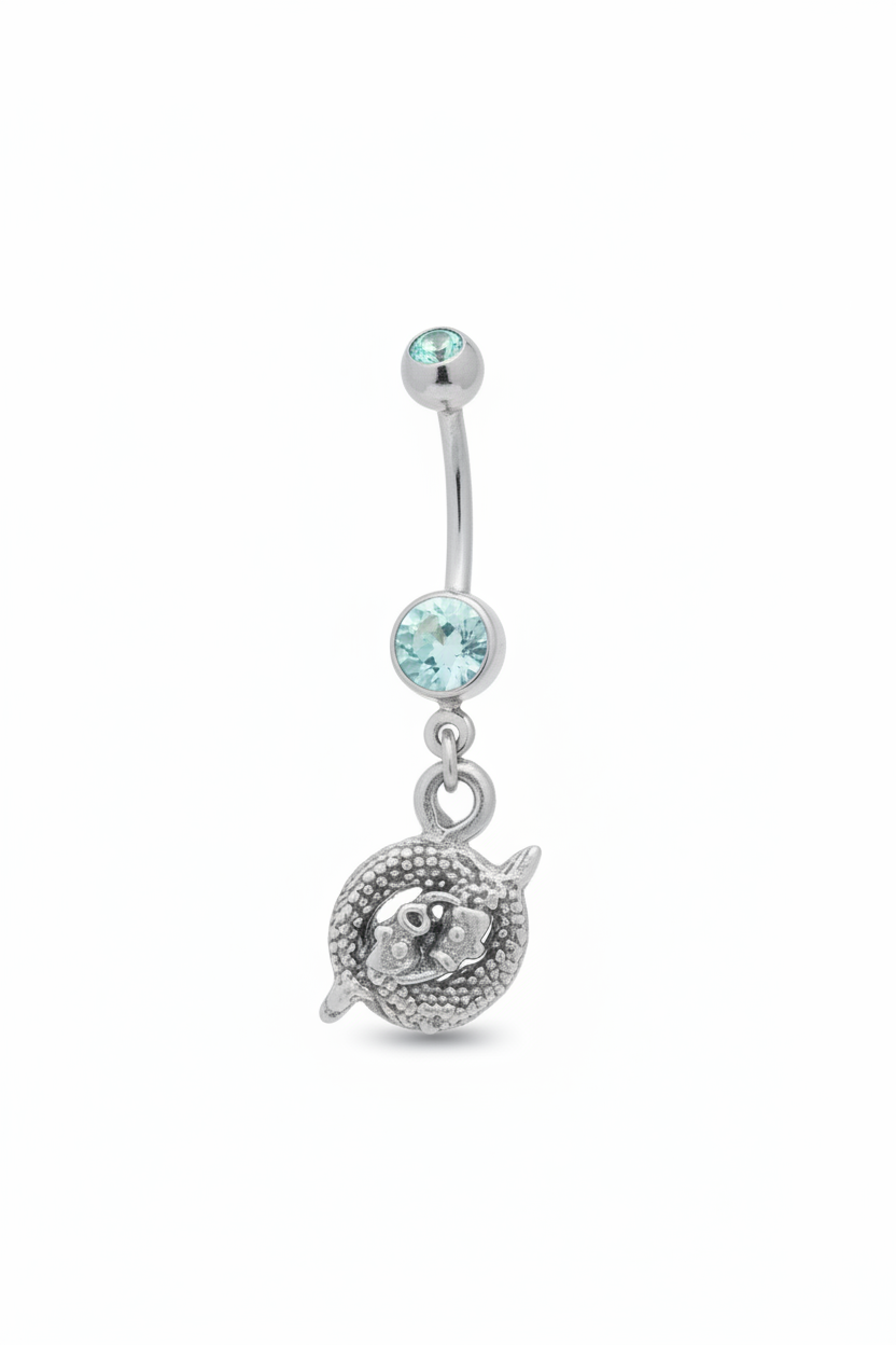 Aqua Crystal Pisces Belly Button Ring in 316l stainless steel close up detail.