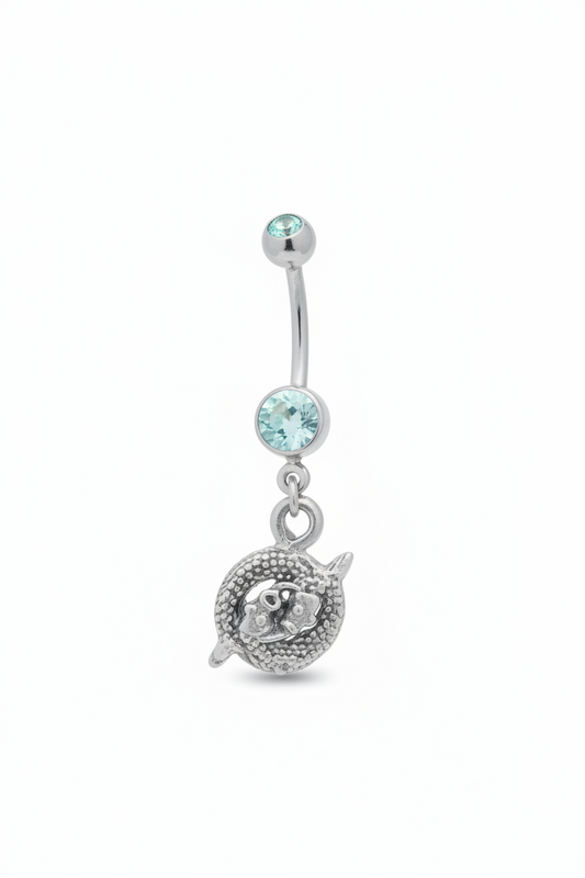 Aqua Crystal Pisces Belly Button Ring in 316l stainless steel close up detail.