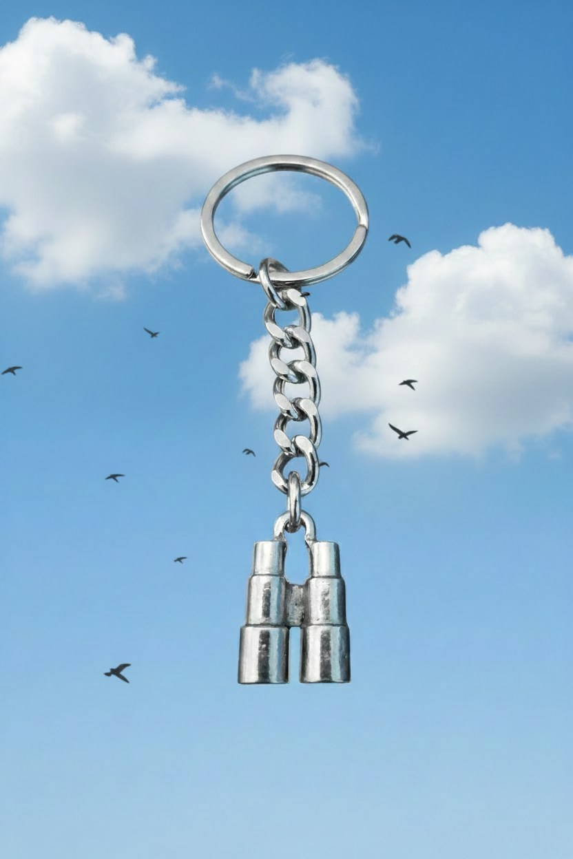 Explorer Binoculars Handmade Silver Plated Charm Keychain in a blue sky with fluffy clouds and flying birds.
