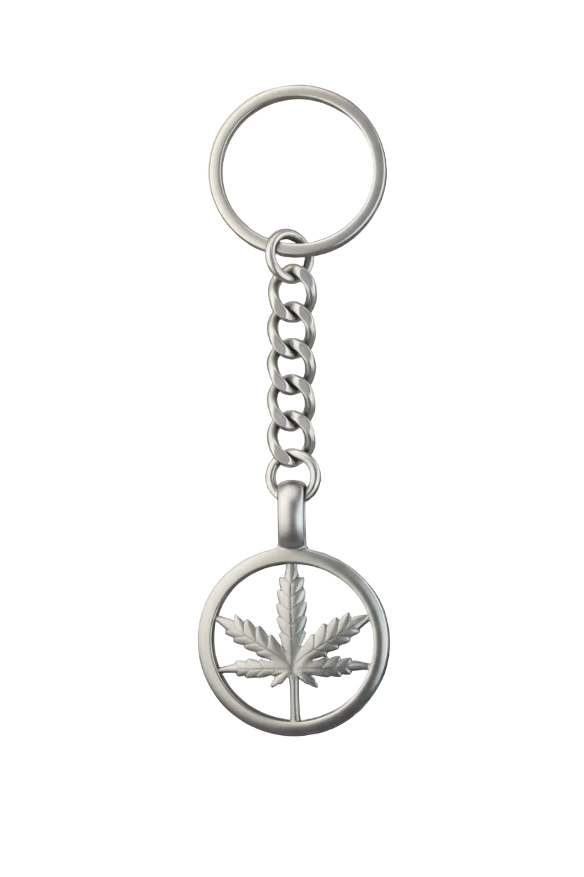 Green Leaf Handmade 316L Stainless Steel Charm Keychain a white background.
