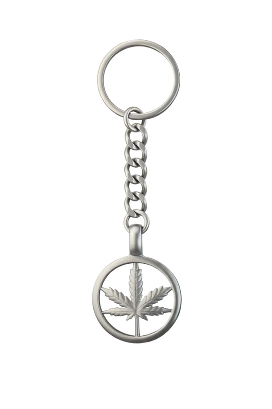 Green Leaf Handmade 316L Stainless Steel Charm Keychain a white background.