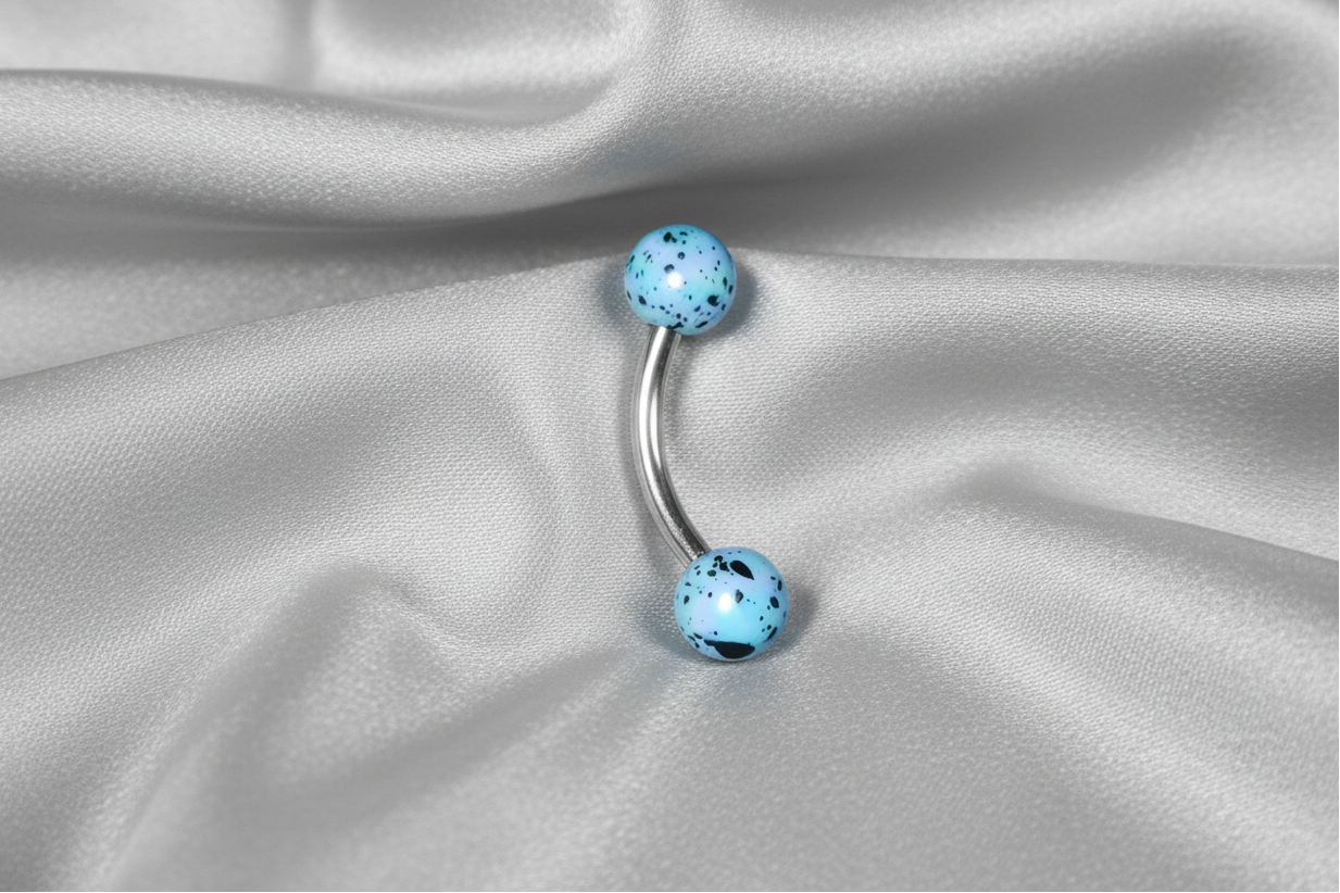 Blue Black Speckled Acrylic Eyebrow Ring in 316l stainless steel.