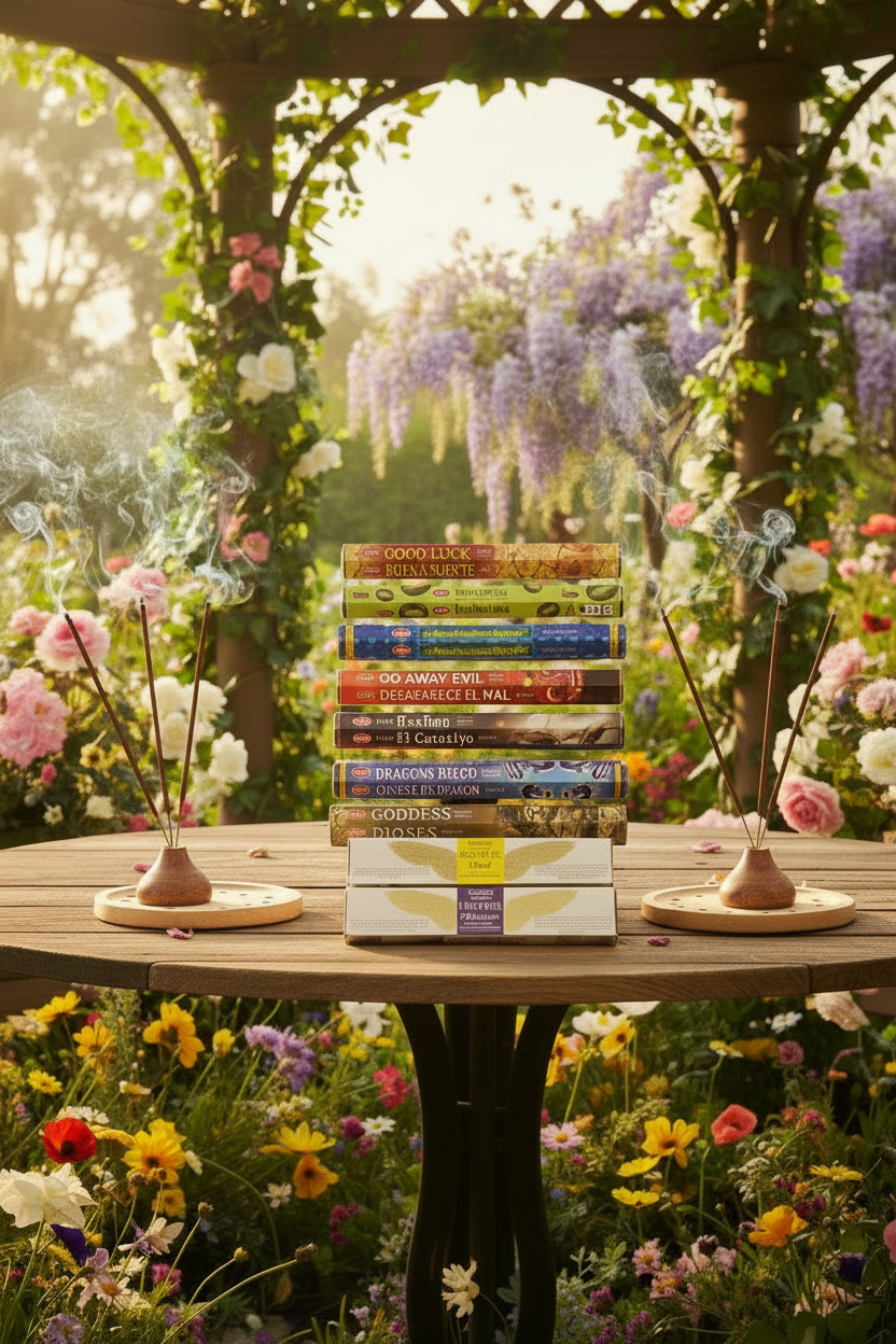 Evil Be Gone Energy Purification Incense Variety Gift Package on a wooden table in a rose garden gazebo with incense burning and smoke rising.