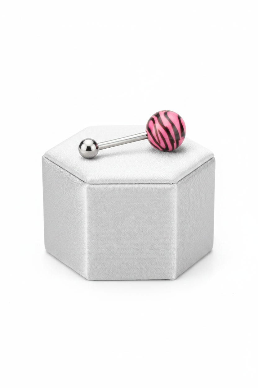 Pink Tiger Striped Acrylic Belly Button Ring in 316l stainless steel on silver silk jewelry display.