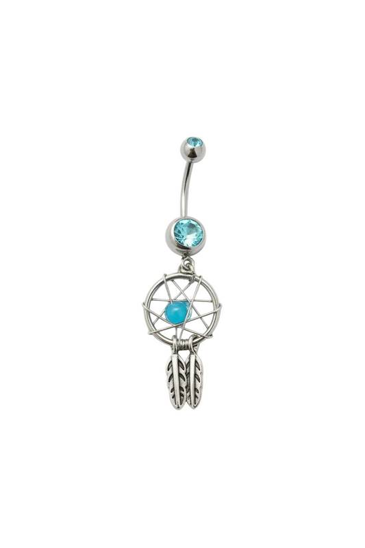 Aqua Crystal Mystical Dream Catcher Belly Button Ring in 316l stainless steel close up detail.