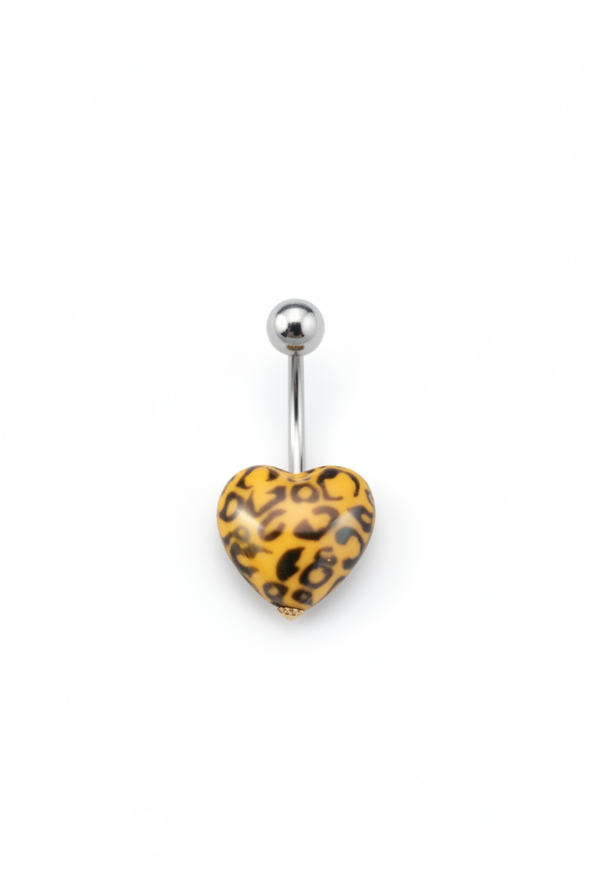 Orange Leopard Print Heart Acrylic Belly Button Ring in 316l stainless steel on a white background.