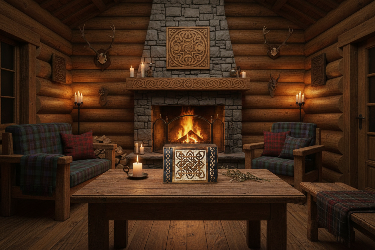 Engraved Medieval Brass Decorated Wooden Keepsake Box on a table in the living room of a Celtic log cabin.