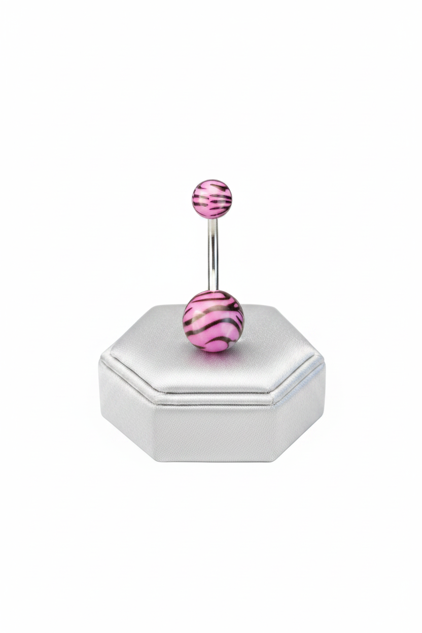 Purple Tiger Striped Acrylic Belly Button Ring in 316l stainless steel on a silver jewelry display upright position.