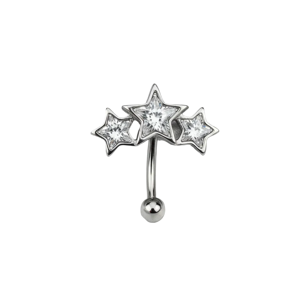 Clear Crystal Triple Star Eyebrow Ring in 316l stainless steel close up detail.