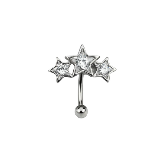 Clear Crystal Triple Star Eyebrow Ring in 316l stainless steel close up detail.